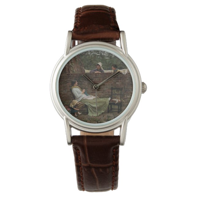 女性が庭の壁の上でチャット（ゴシップ） 腕時計 (正面)