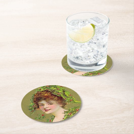 女性が愛するクリスマスのホーリー ラウンドペーパーコースター (インサイチュ)