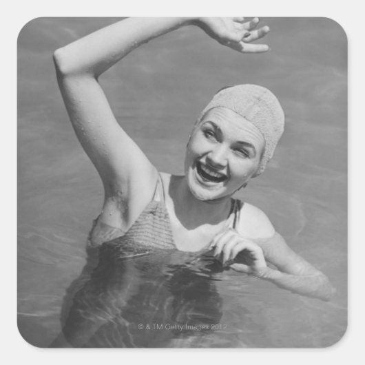 女性が手を振る スクエアシール (正面)