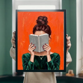 女性が本を読む油絵　図書館の壁掛けアート ポスター