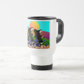 女性が自転車に乗ってアートを贈る トラベルマグ (正面右)