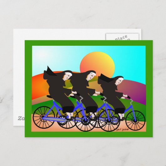 女性が自転車に乗ってアートを贈る ポストカード (正面/裏面)