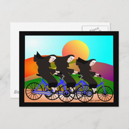 女性が自転車に乗ってアートを贈る ポストカード (正面/裏面)