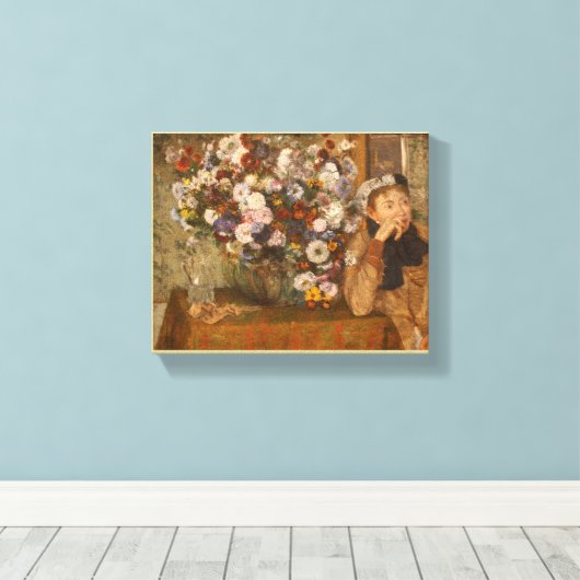 女性が花の花瓶の横にデガスで座った キャンバスプリント (インサイチュ (ウッドフロア))