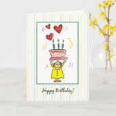 女性とお誕生日ケーキとハート漫画姿 カード (黄色い花)