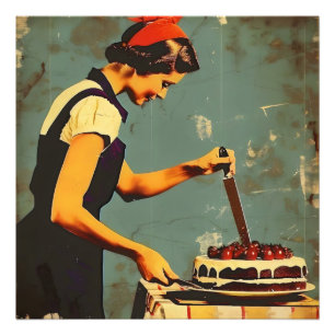 女性とケーキのヴィンテージ フォトプリント