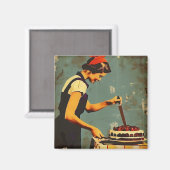 女性とケーキのヴィンテージ マグネット (正面/裏面)