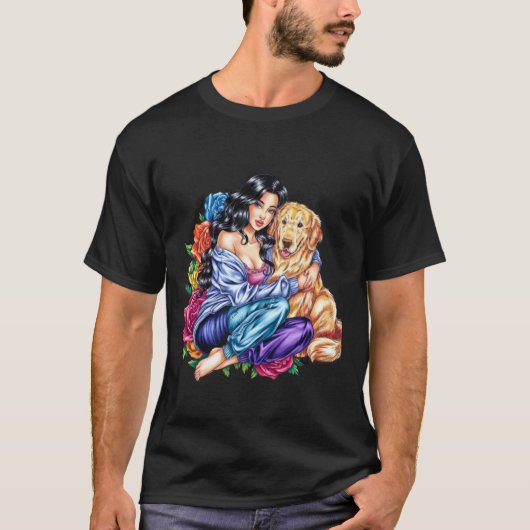 女性とゴールデンレトリバー Tシャツ (正面)