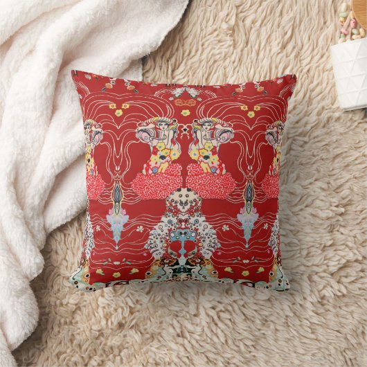 女性とセンターフローラ赤い白いクリムトパターン クッション (ブランケット)