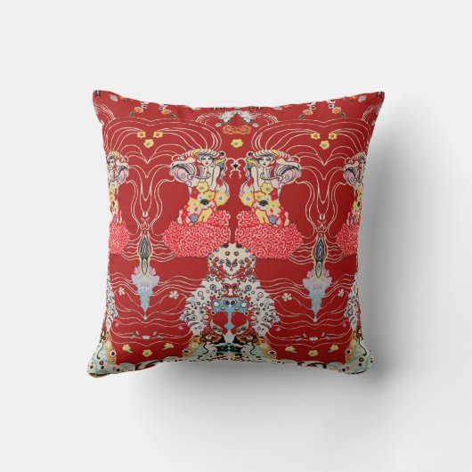 女性とセンターフローラ赤い白いクリムトパターン クッション (裏面)