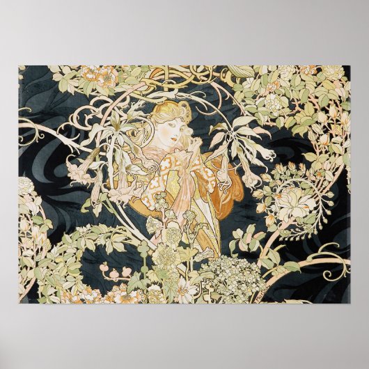 女性とデイジーアールヌーボーポスター ポスター (正面)