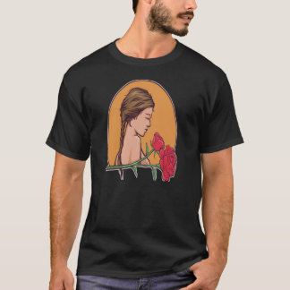 女性とバラフラワーTシャツ Tシャツ