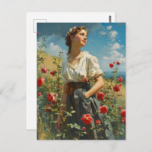 女性とバラヴィンテージ ポストカード (正面/裏面)