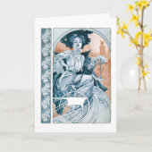 女性とバラ,ミュシャ カード (黄色い花)