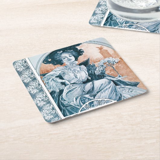 女性とバラ,ミュシャ スクエアペーパーコースター (アングル)