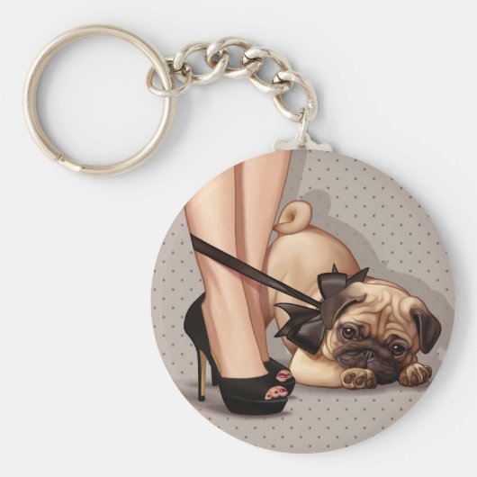 女性とパグパピー キーホルダー (正面)