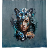 女性とヒョウの素晴らしいハイブリッド シャワーカーテン (正面)