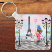 女性とピかわいらしンクのハートバルーン – アイラブパリ キーホルダー (正面)
