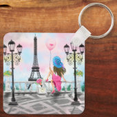 女性とピかわいらしンクのハートバルーン – アイラブパリ キーホルダー (裏面)