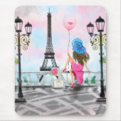 女性とピかわいらしンクのハートバルーン – アイラブパリ マウスパッド (正面)