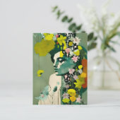 女性とピンクと黄色の花のコラージュ ポストカード (スタンド正面)