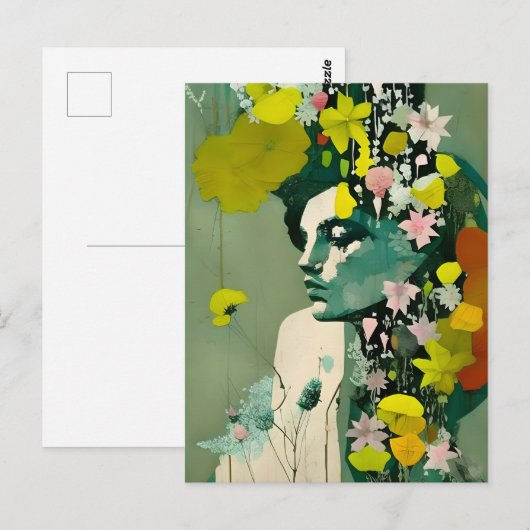 女性とピンクと黄色の花のコラージュ ポストカード (正面/裏面)