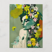 女性とピンクと黄色の花のコラージュ ポストカード (正面)