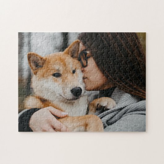 女性とペットの犬 ジグソーパズル (横)