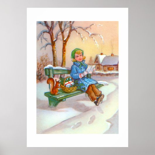 女性とリスのヴィンテージアート ポスター (正面)