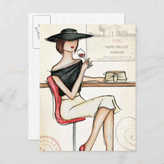 女性とワイングラス ポストカード (正面/裏面)