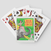 女性と乗馬ゾウを示すサーカスのポスター。 トランプ (裏面)