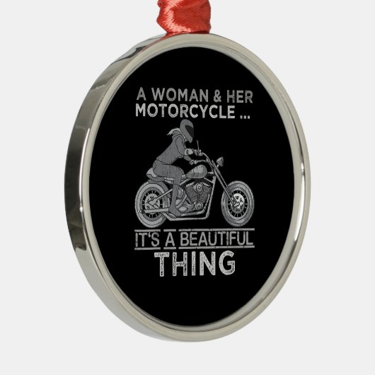 女性と彼女のオートバイの芸術ギフトバイクもしくは自転車に乗る人 メタルオーナメント (右)
