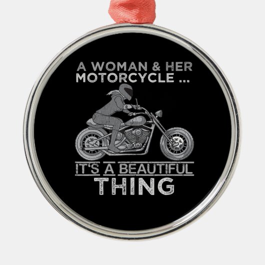 女性と彼女のオートバイの芸術ギフトバイクもしくは自転車に乗る人 メタルオーナメント (正面)