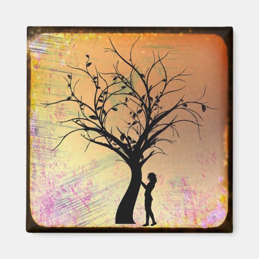 女性と木のシルエットミニャット マグネット (正面)