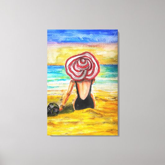 女性と海のキャンバスプリント - 絵画アート キャンバスプリント (正面)
