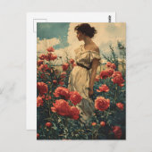 女性と牡丹のヴィンテージ ポストカード (正面/裏面)