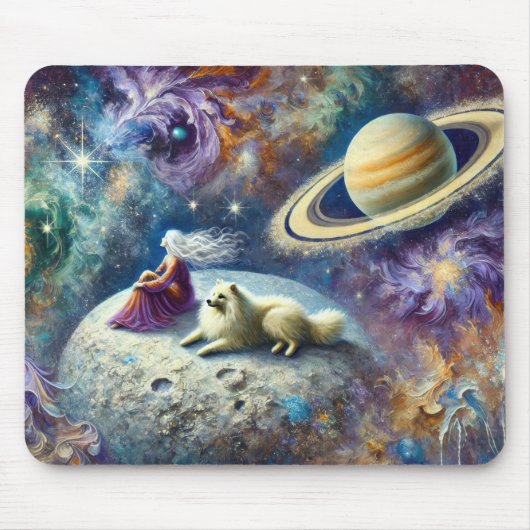 女性と犬、そして土星のあるエーテル宇宙の風景 マウスパッド (正面)