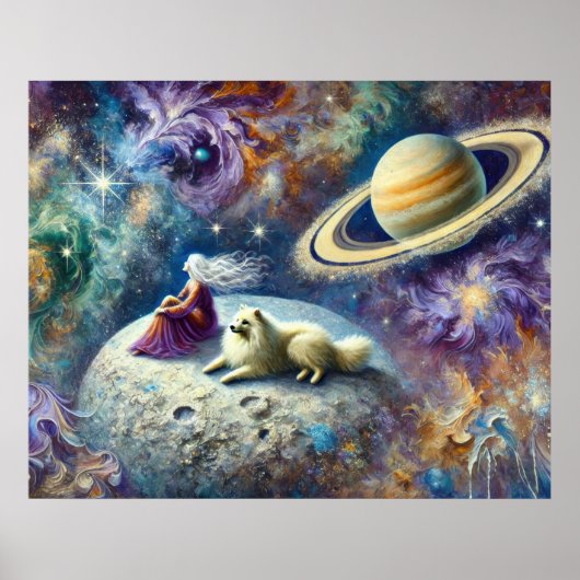女性と犬、そして土星のエーテリアルな宇宙シーン ポスター (正面)