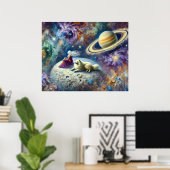 女性と犬、そして土星のエーテリアルな宇宙シーン ポスター (ホームオフィス)