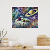 女性と犬、そして土星のエーテリアルな宇宙シーン ポスター (キッチン)