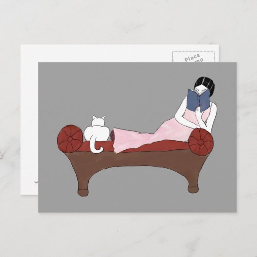 女性と猫と非常に良い本のはがき ポストカード (正面/裏面)