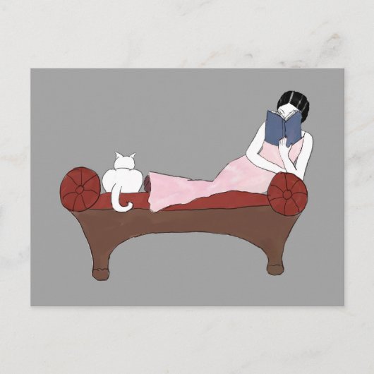 女性と猫と非常に良い本のはがき ポストカード (正面)