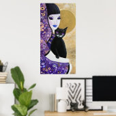 女性と猫の紫のアお洒落ート ポスター (ホームオフィス)