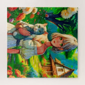 女性と猫 ジグソーパズル (横)