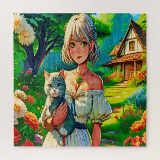 女性と猫 ジグソーパズル (縦)