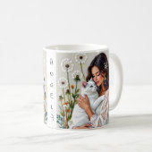 女性と白猫とタンポポ コーヒーマグカップ (正面右)