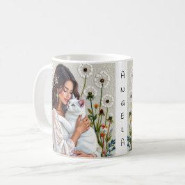 女性と白猫とタンポポ コーヒーマグカップ