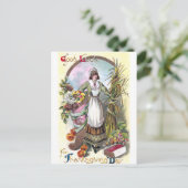 女性と秋の恵みヴィンテージ感謝祭 シーズンポストカード (スタンド正面)