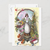 女性と秋の恵みヴィンテージ感謝祭 シーズンポストカード (正面/裏面)