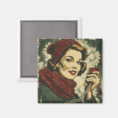 女性と糸のヴィンテージ マグネット (正面/裏面)